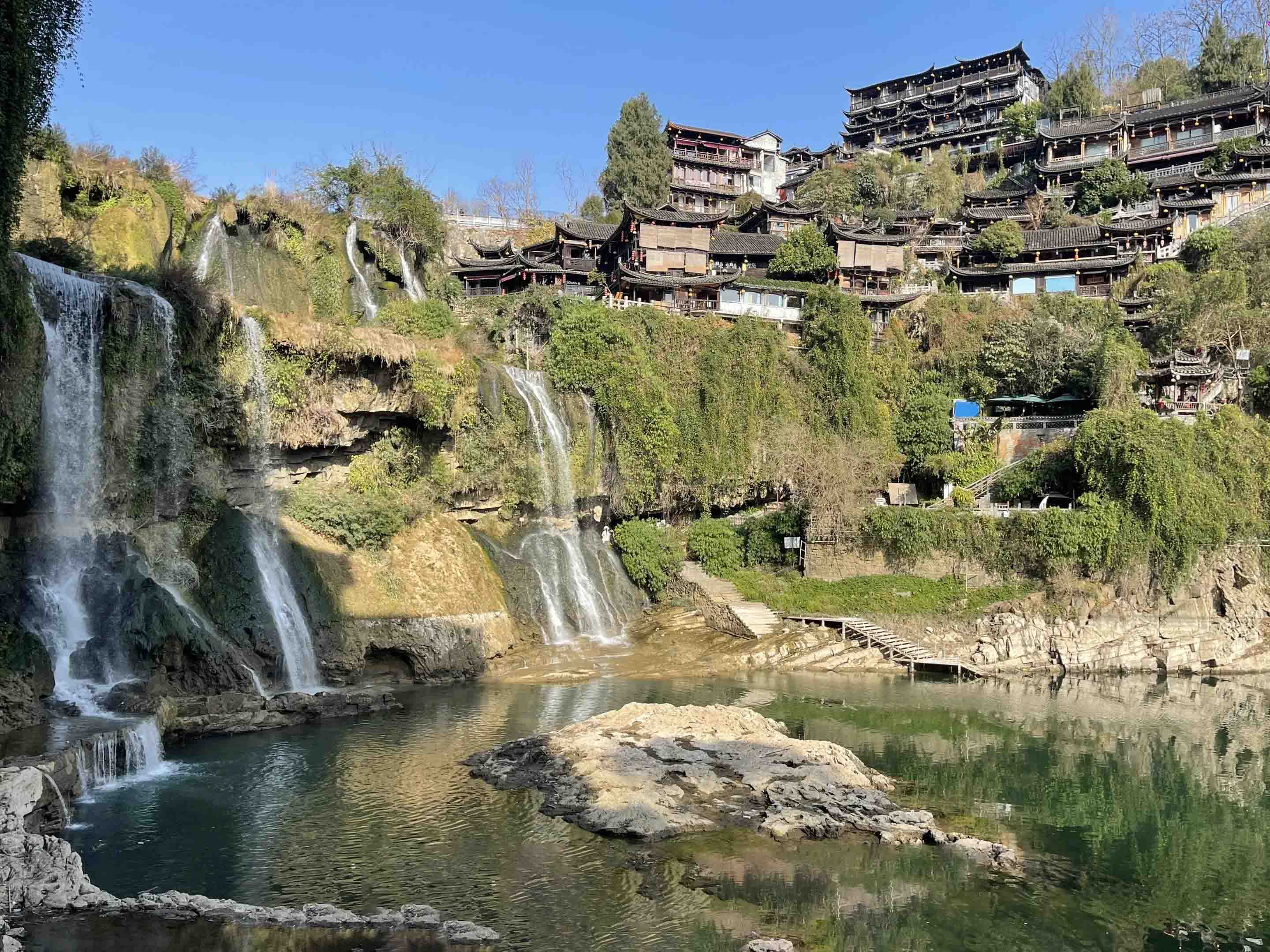 Furong Town waterfall and streetscape